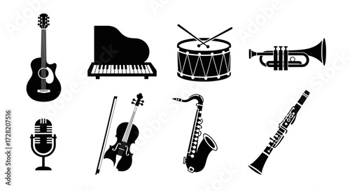 Stunning collection of classic musical instruments including guitar, piano, drum, trumpet, violin, saxophone, clarinet, and microphone icons