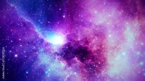 A vibrant, colorful nebula, filled with scattered stars, featuring shades of purple, blue, and white
