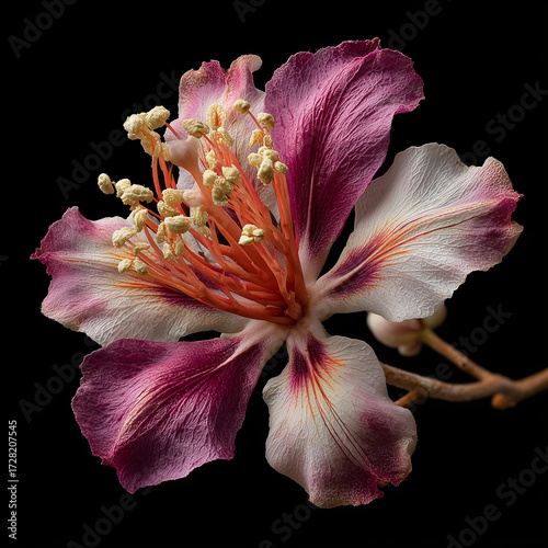 Purple and white hibiscus-like flower with textured petals and vibrant orange stamens, macro on black background