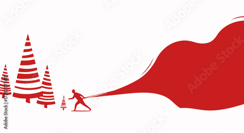 Dynamic silhouette skier pulls massive red gift bag through snowy winter forest with festive striped trees