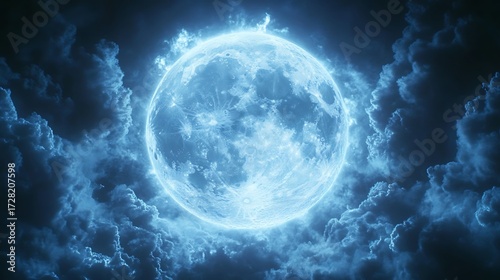 Glowing Blue Moon Amidst Moody Clouds with Celestial Beauty, and Night Sky Fantasy.