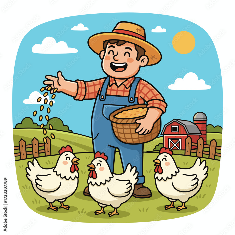 Naklejka premium Cartoon farmer feeding chickens in a sunny field by barn 