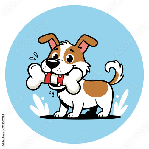 Cartoon dog holding a bone and happily playing outdoors  