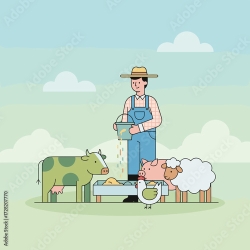 Farmer feeding animals in pasture with green grass and blue sky  