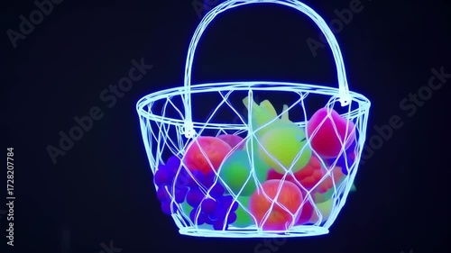 Neon-lit fruit basket against a dark background