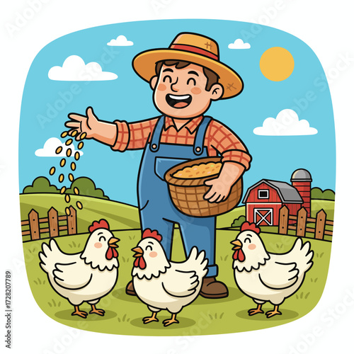 Cartoon farmer feeding chickens in a sunny field by barn  