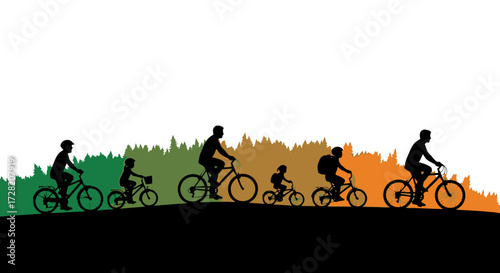 Joyful family cycling adventure through vibrant forest landscape, creating lasting memories together in the outdoors