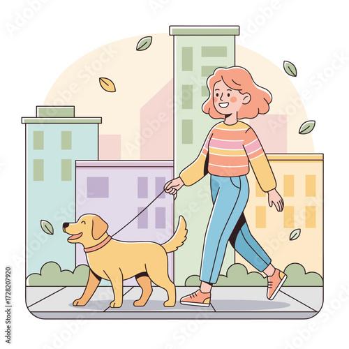 Girl walking golden retriever dog in urban park during autumn  