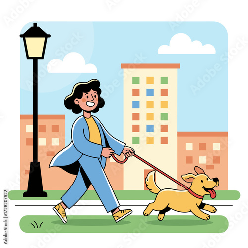 Young woman walking her dog in city park during sunny day  