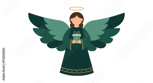 Green angel holding a gift with wings for the concept of Christmas  