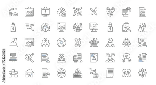 Modern business icons collection illustrating analytics, collaboration, strategy, and project management for innovative corporate presentations and marketing materials.