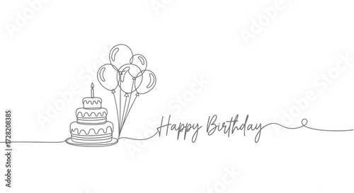 Celebrate special moments with this charming single line drawing of a birthday cake and balloons, perfect for festive greetings and invitations.