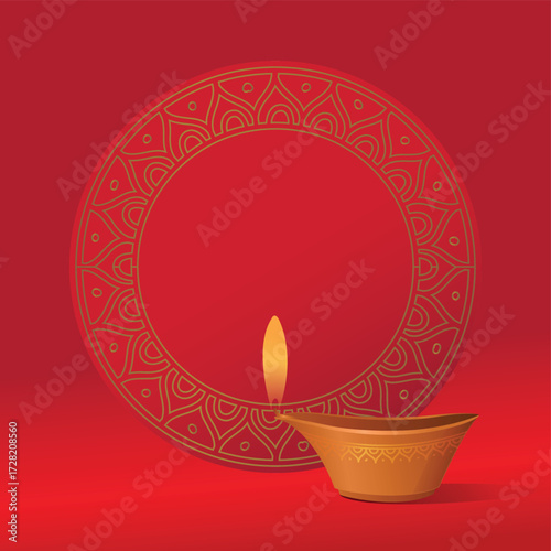 A vector seal or unit with Rangoli and Diya graphic. Beautiful, bright red color Diwali festival unit with empty space for headline or message.