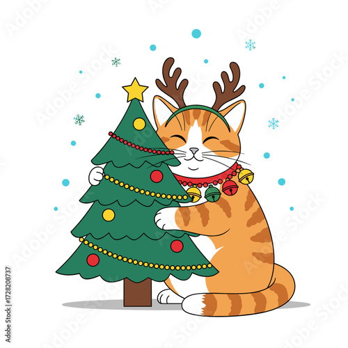 An adorable orange cat wearing reindeer antlers hugs a decorated Christmas tree.