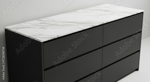 Modern black dresser, marble top furniture, sleek drawers, minimalist decor