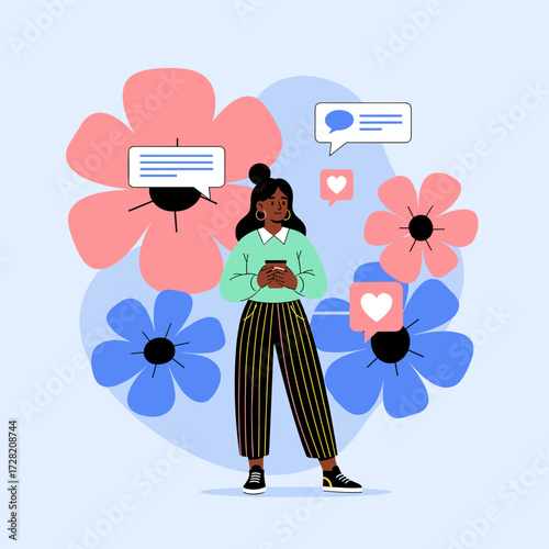 A young woman is using her smartphone surrounded by colorful flowers and speech bubbles indicating communication.