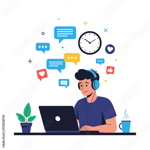 A young person wearing headphones sits at a laptop surrounded by speech bubbles and icons.