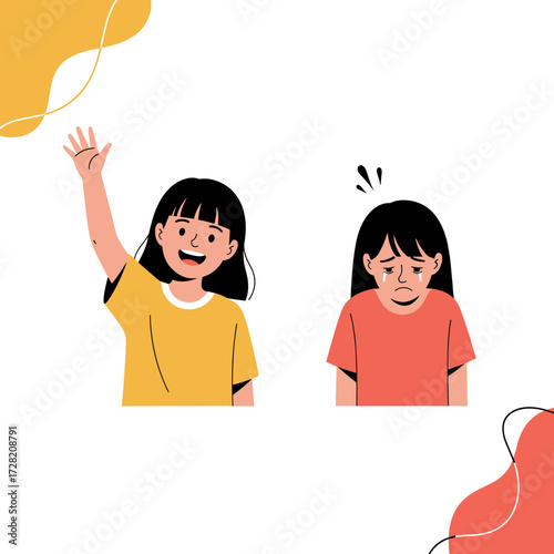 The contrasting emotions of two young girls one happy and waving the other sad and downcast.