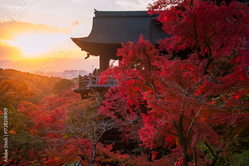 Tourist people at Kiyomizu-dera  view fall colors at sunset, Kyoto