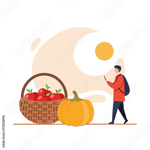 A person enjoys the autumn harvest with a basket of apples and a pumpkin.