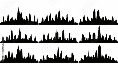 Dynamic black city skyline silhouettes against a bright white background, perfect for urban design, branding, and modern concepts