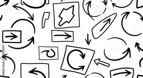Dynamic arrows and directional symbols seamlessly repeating on white background, ideal for data, business, and innovative concepts