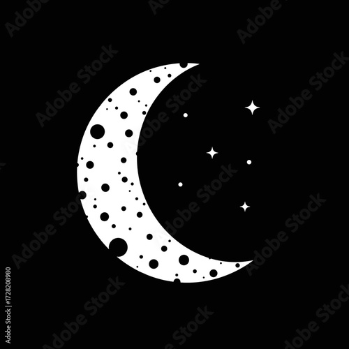 A stylized crescent moon with polka dots illuminates the dark night sky filled with tiny stars.