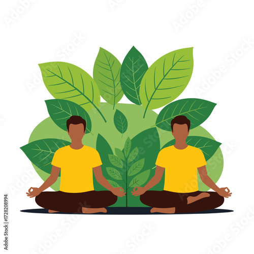 Two men meditating peacefully in nature surrounded by lush green foliage.
