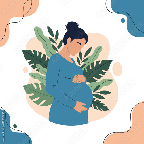 A pregnant woman cradles her belly surrounded by abstract shapes and foliage elements.