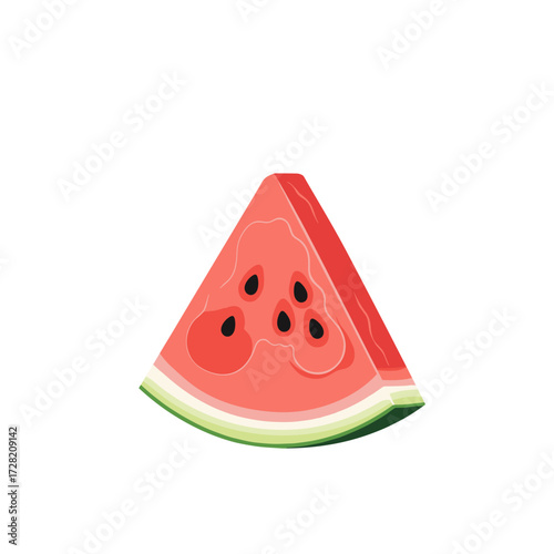 A refreshing slice of juicy red watermelon with black seeds and a green rind presented on a white background.