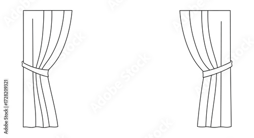 Simple line drawing of two curtains with a central opening silhouette