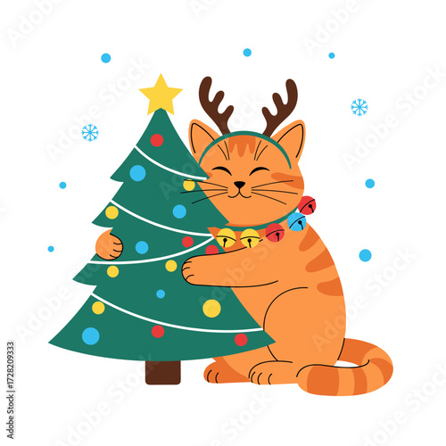 A happy ginger cat wearing reindeer antlers and jingle bells hugs a decorated Christmas tree.