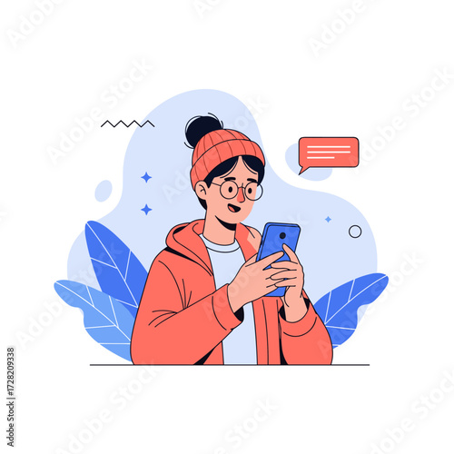 A young person in a hat and glasses is happily texting on a smartphone.