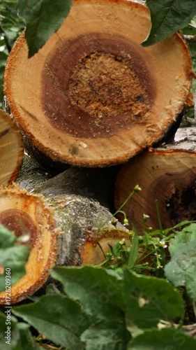 Wallpaper Mural Logs of freshly cut trees with visible growth rings on the cut, green leaves nearby. Felling trees, sanitary cleaning of the garden, concept of forest conservation Torontodigital.ca