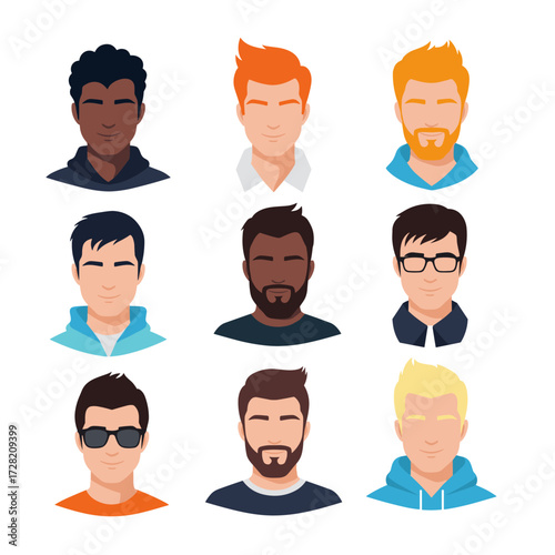 A collection of diverse male avatars representing various skin tones hairstyles and facial hair styles.