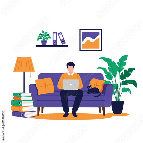 A man works on his laptop while sitting on a couch surrounded by books and plants.