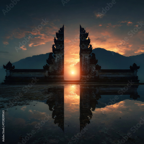 Iconic Balinese 'Gates of Heaven' temple at Pura Lempuyang Luhur in Bali, Indonesia, with vibrant sunset framed and reflected in serene water.