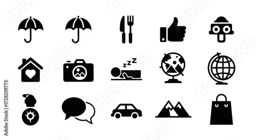Collection of modern vector icons for travel, lifestyle, and everyday life featuring umbrella, camera, home, globe, and more