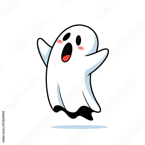 A cartoon illustration of a startled ghost floating with its mouth open and cheeks flushed with a blush.