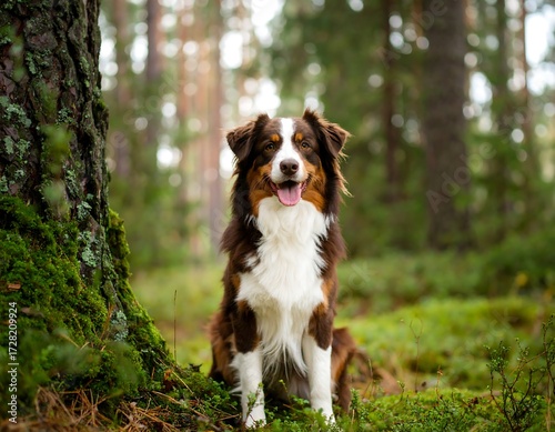 Happy Australian Shepherd in a forest