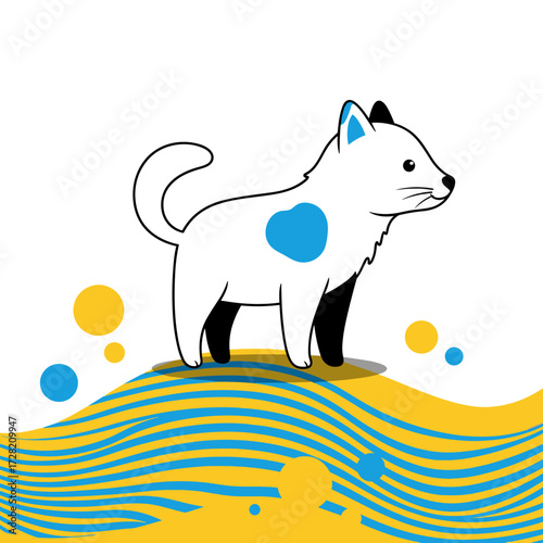 A playful white dog with blue spots stands on a colorful wavy surface.