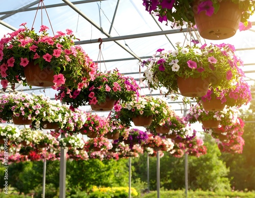 Hanging flower pots in a greenhouse