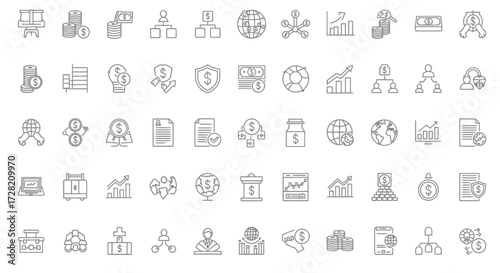 Financial and business icon set representing concepts like investment, global finance, data analysis, and successful growth strategies