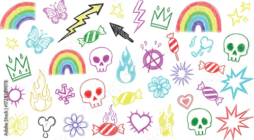 Vector art of assortment of colorful handdrawn doodles and symbols