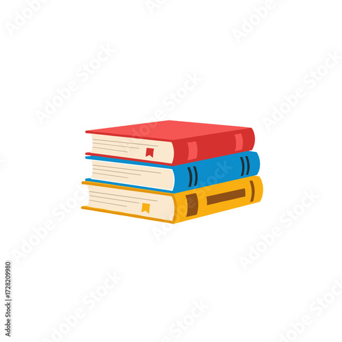 A stack of three colorful books rests on a white background.