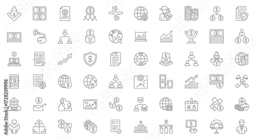 Dynamic financial icons representing global business, investment, and economic growth for modern commercial use