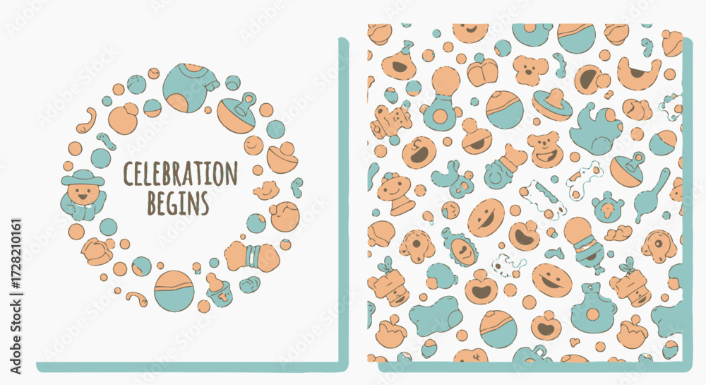 Fototapeta premium Adorable baby shower announcement design with colorful toys and pattern for celebrating new beginnings and joyful moments
