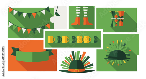 Festive St Patrick's Day celebration set with mugs, banners, and leprechaun hat, perfect for holiday designs