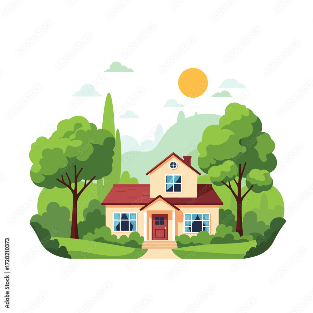 Naklejka premium Charming suburban house nestled among lush green trees and rolling hills on a sunny day.
