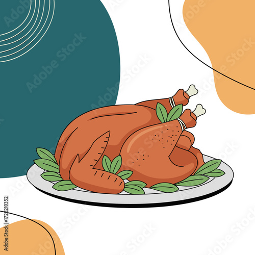 A beautifully roasted turkey dinner with fresh green garnishes is ready to be served on a white platter.
